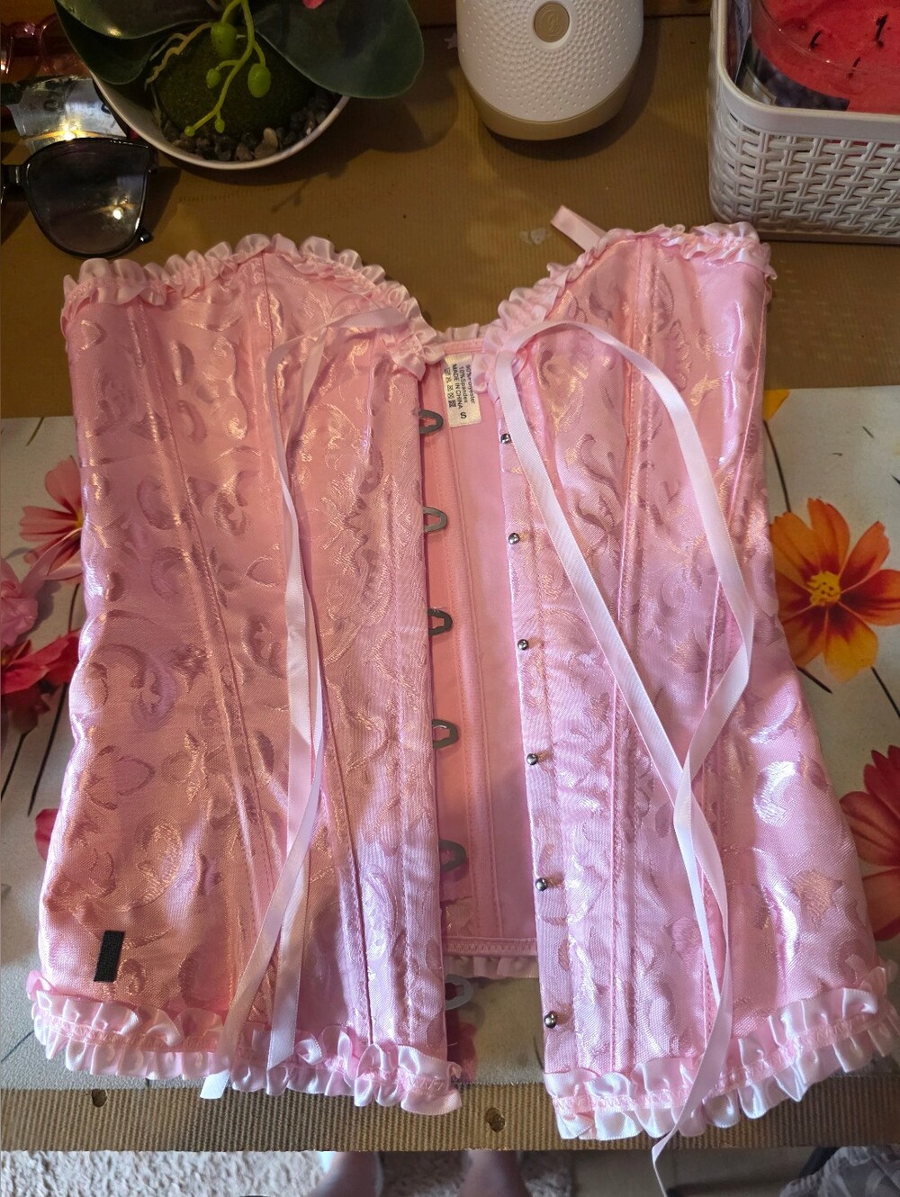 Pink Satin Floral Bustier Corset - Women Intimates